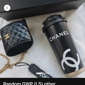 CHANEL Black and Gold Quilted Pouch with Travel Mug